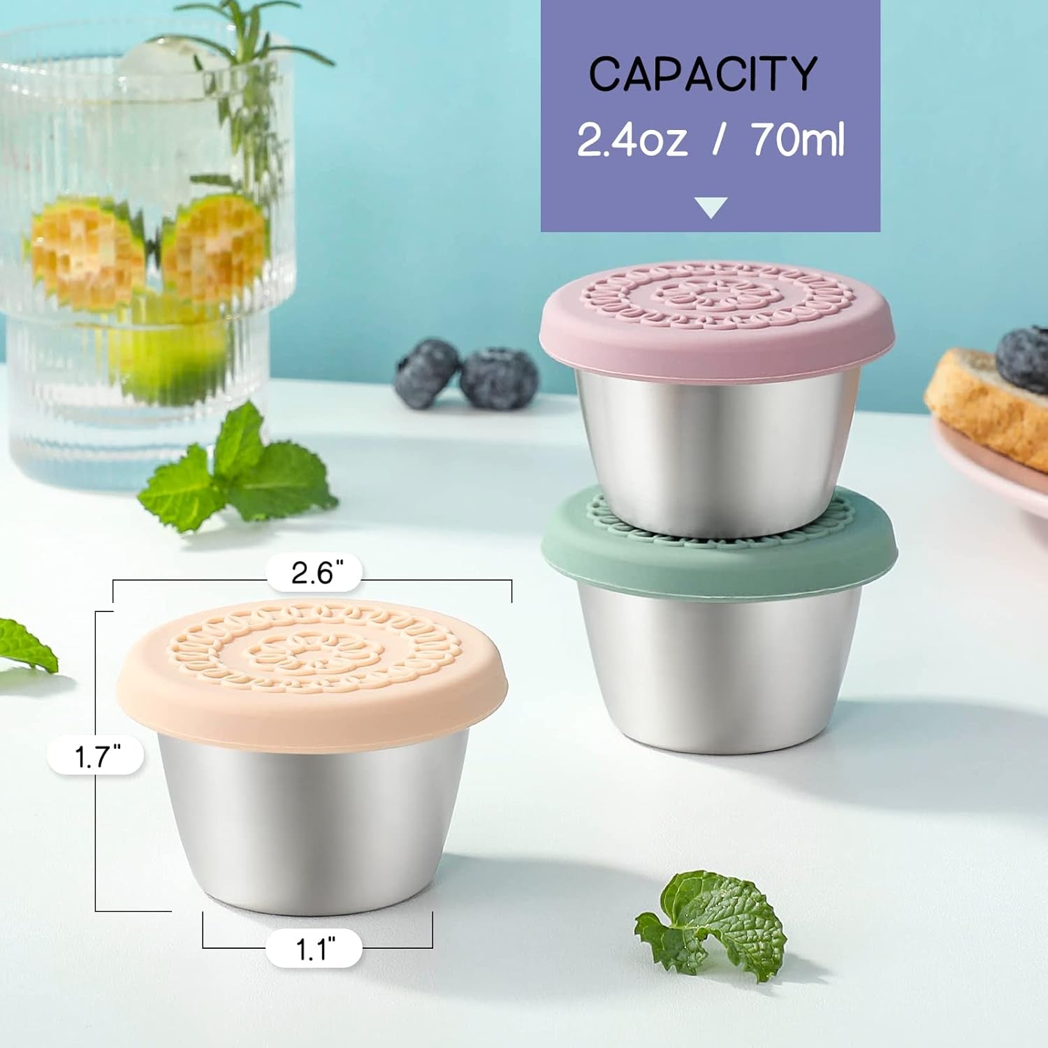 Vital-Habitat™ Premium Stainless Steel Salad Dressing Containers (Set of 8) – 2.4oz Leakproof To-Go Sauce Cups with Silicone Lids