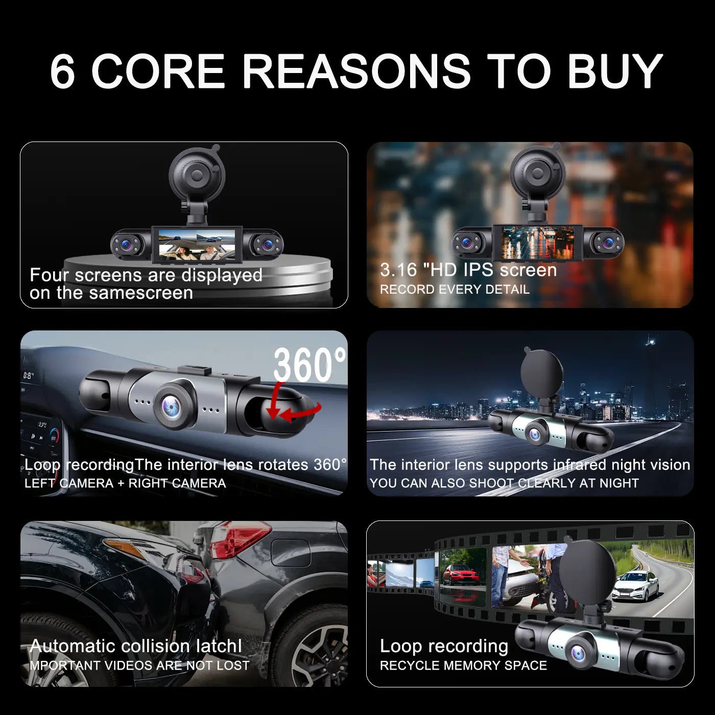 Vital-Habitat™ 4-Channel 360° Dash Cam – 1080P Full HD Front, Rear, Left & Right Dash Camera with Free 64GB SD Card & Night Vision