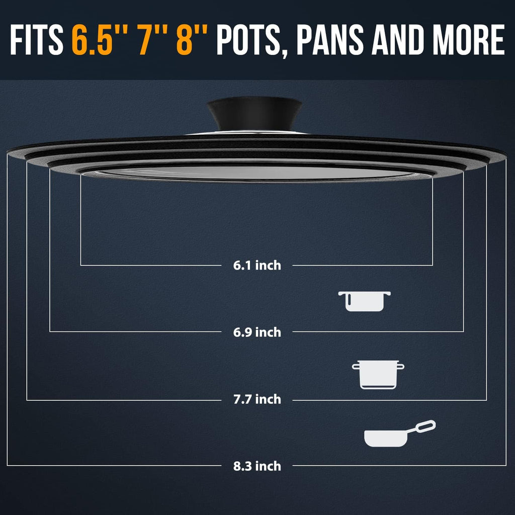 Walfos 3-in-1 Universal Tempered Glass Lid - Space-Saving Cover for 6.5", 7", and 8" Pots & Pans