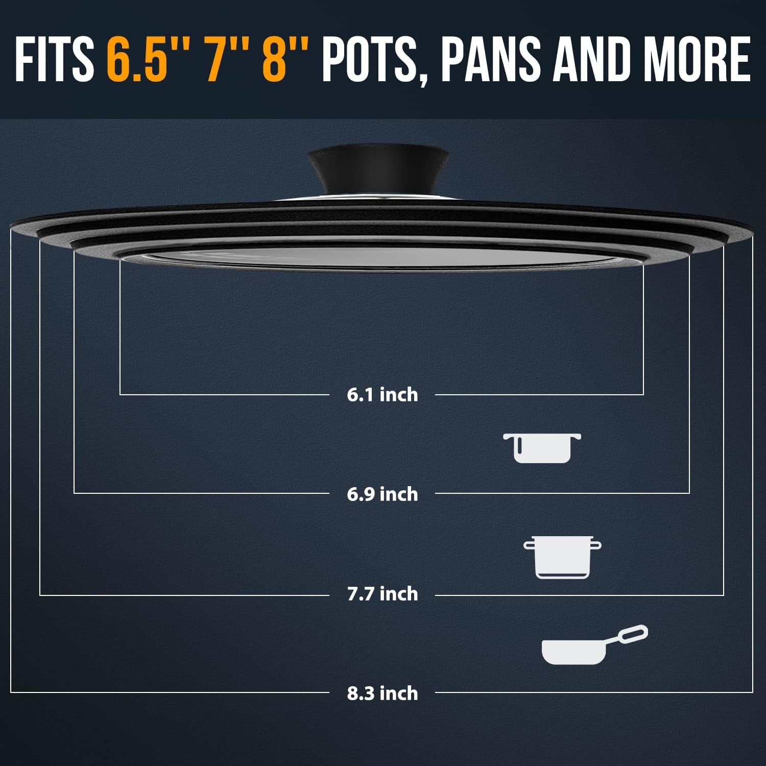 Walfos 3-in-1 Universal Tempered Glass Lid - Space-Saving Cover for 6.5", 7", and 8" Pots & Pans
