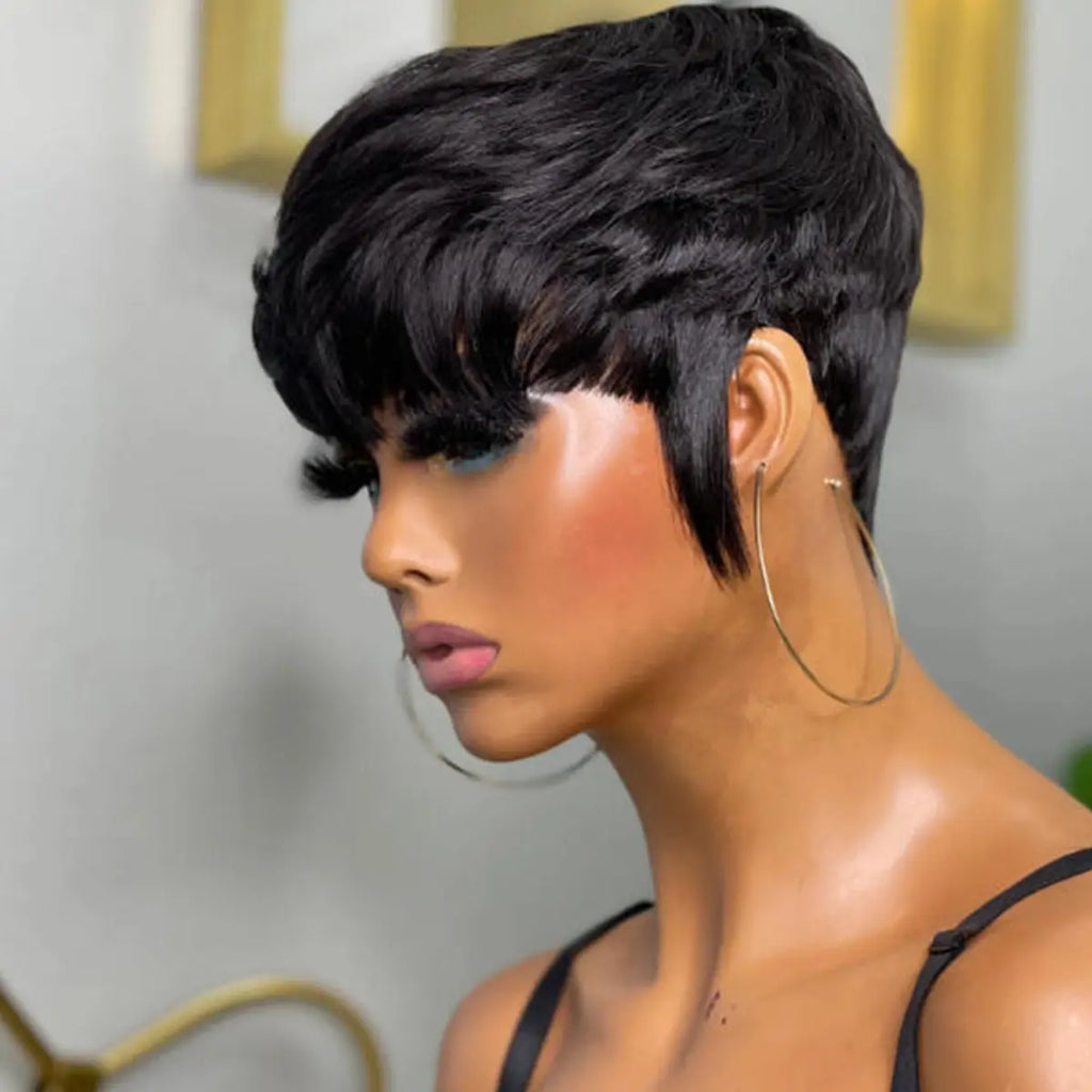 Showreal Human Hair Wig Textured Cut Pixie Wig Quick Wave Short Layered Pixie Cut Wig Quick Wave Textured Cut Wig Human Hair Easy to Wear Fashionable Versatile Designed for Black Women Perfect for Work, Party or Casual