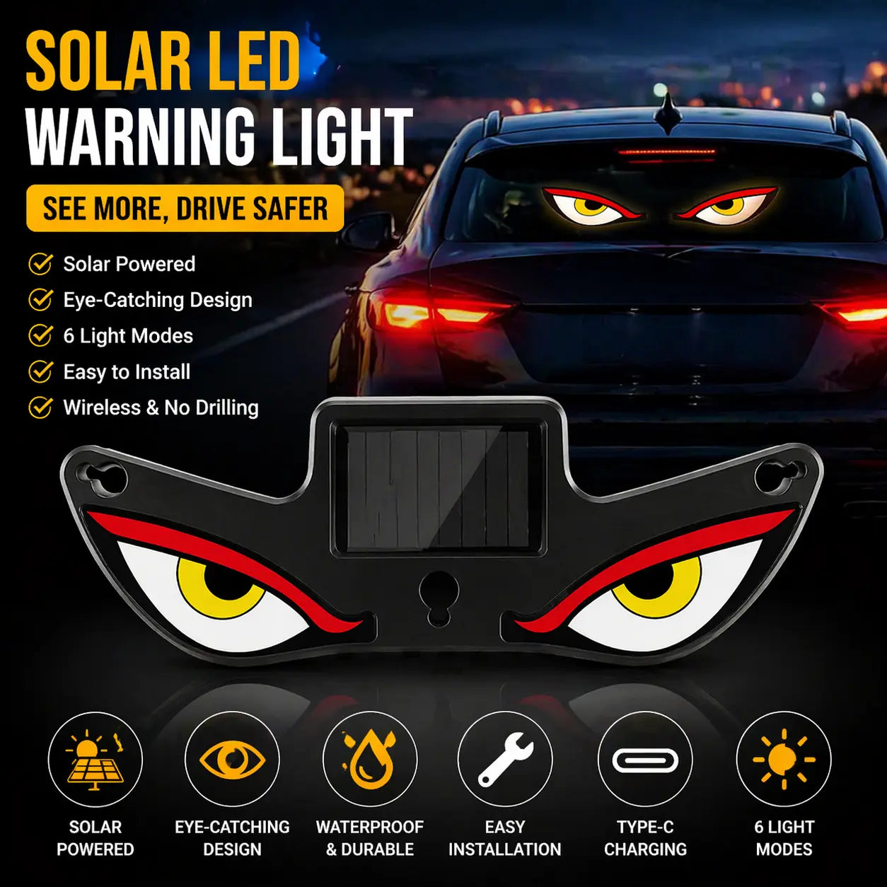 Vital-Habitat™ Dynamic LED Car Rear Window Display – Programmable Vampire Devil Eye Emoji Panel & Scrolling Message Screen with Solar & Type-C Charging