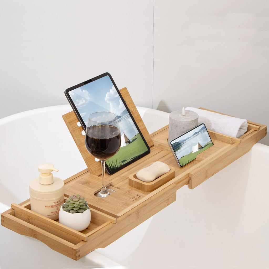 Vital-Habitat™ Luxury Expandable Bamboo Bathtub Caddy – Universal Spa Tray with Tablet Stand, Wine Glass Holder & Anti-Slip Grips