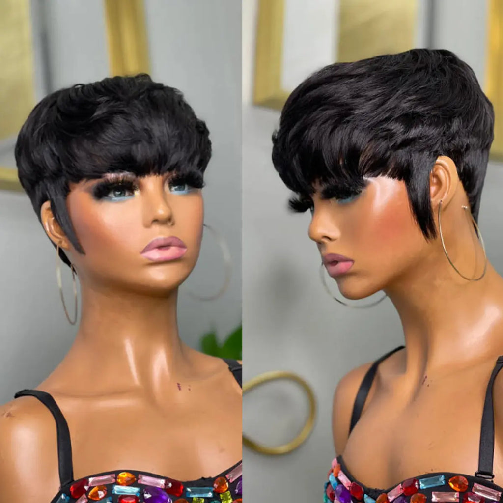 Showreal Human Hair Wig Textured Cut Pixie Wig Quick Wave Short Layered Pixie Cut Wig Quick Wave Textured Cut Wig Human Hair Easy to Wear Fashionable Versatile Designed for Black Women Perfect for Work, Party or Casual
