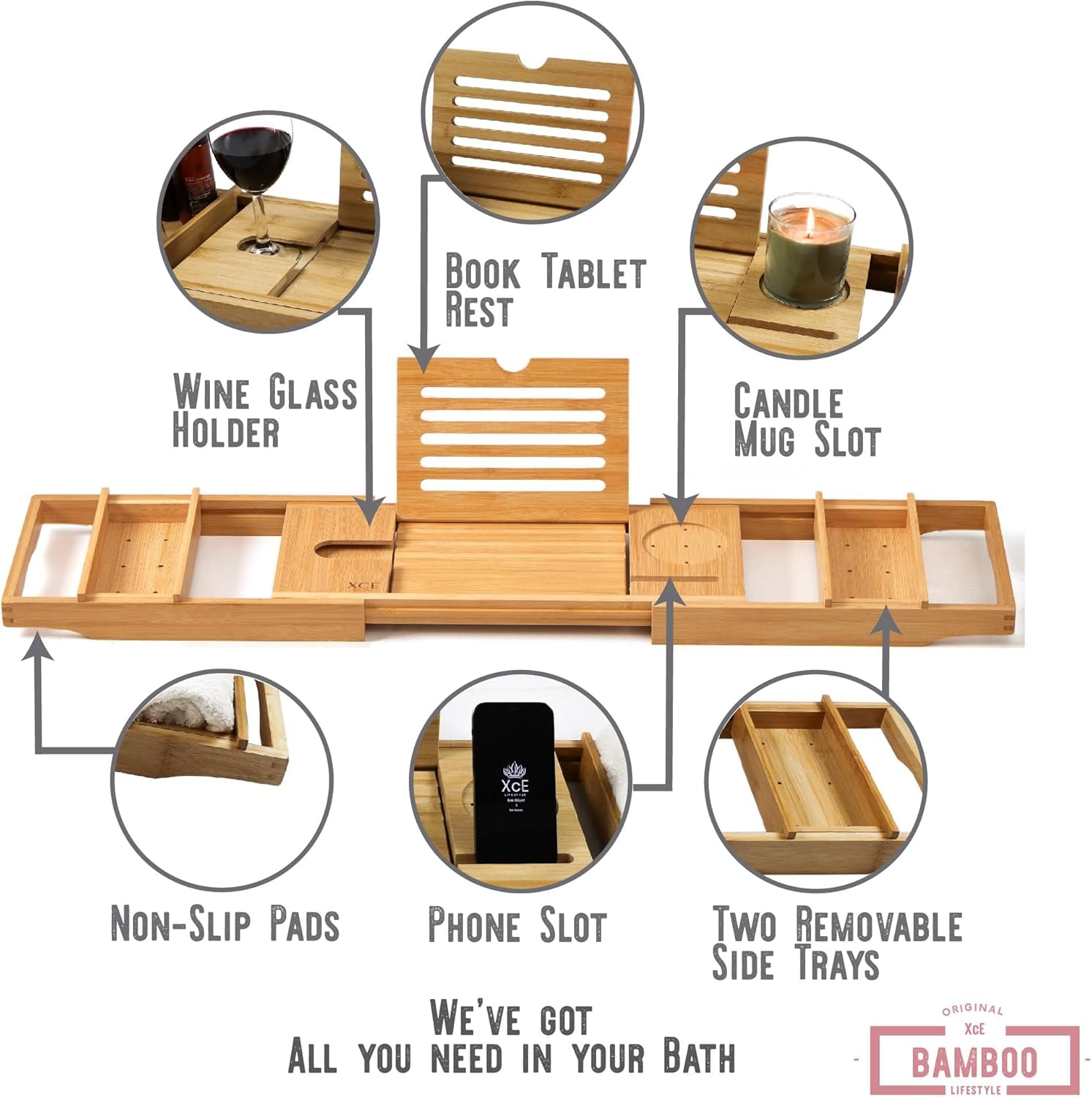 Vital-Habitat™ Luxury Expandable Bamboo Bathtub Caddy – Universal Spa Tray with Tablet Stand, Wine Glass Holder & Anti-Slip Grips