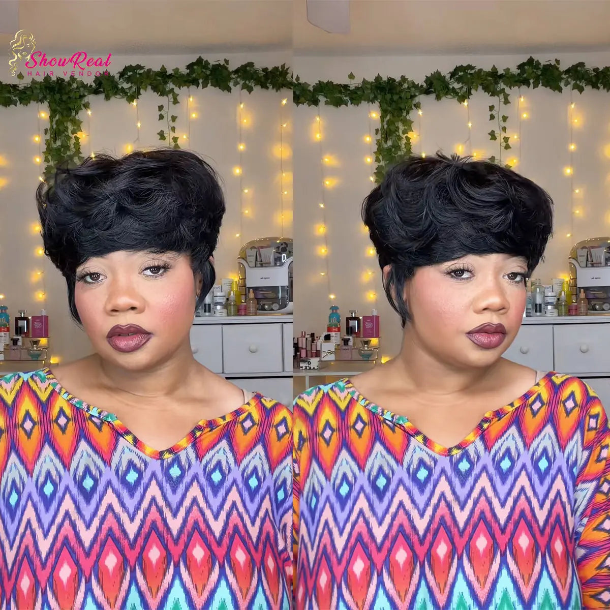 Showreal Human Hair Wig Textured Cut Pixie Wig Quick Wave Short Layered Pixie Cut Wig Quick Wave Textured Cut Wig Human Hair Easy to Wear Fashionable Versatile Designed for Black Women Perfect for Work, Party or Casual