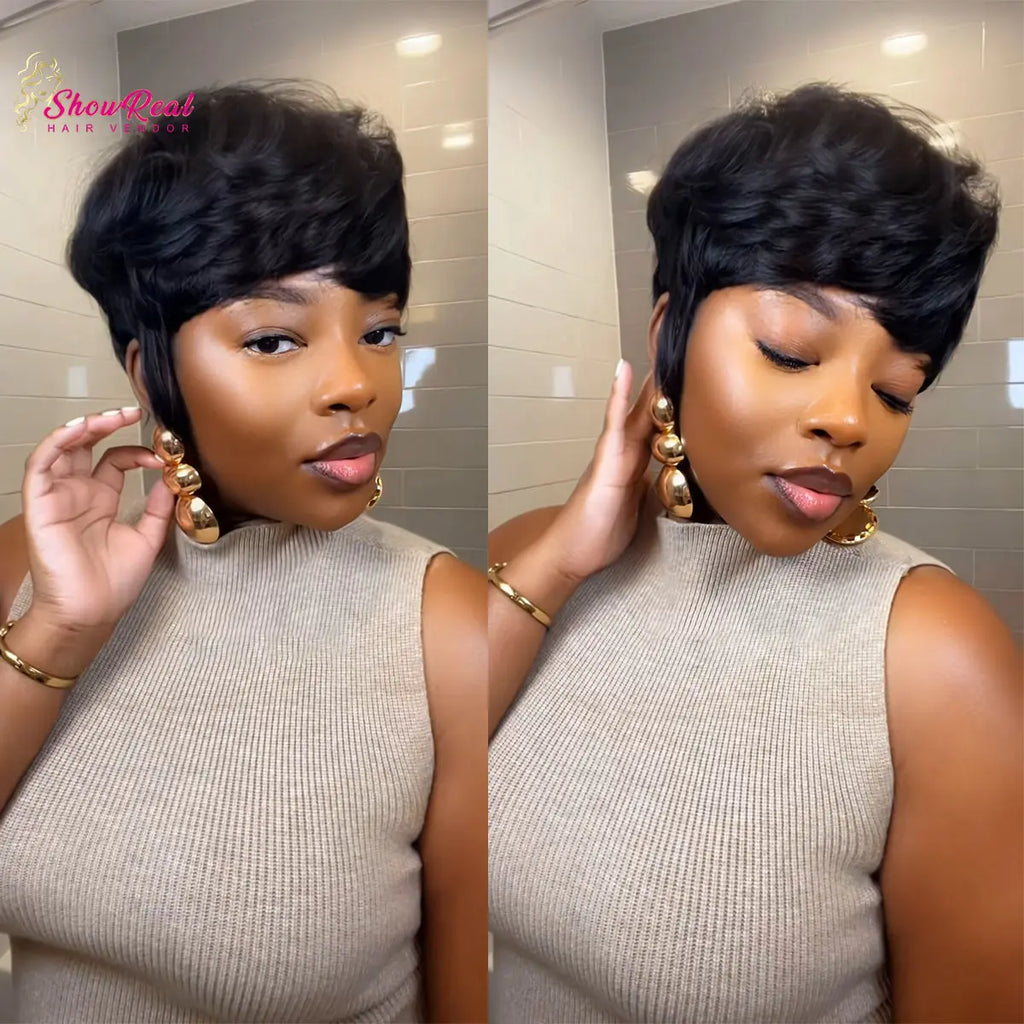 Showreal Human Hair Wig Textured Cut Pixie Wig Quick Wave Short Layered Pixie Cut Wig Quick Wave Textured Cut Wig Human Hair Easy to Wear Fashionable Versatile Designed for Black Women Perfect for Work, Party or Casual