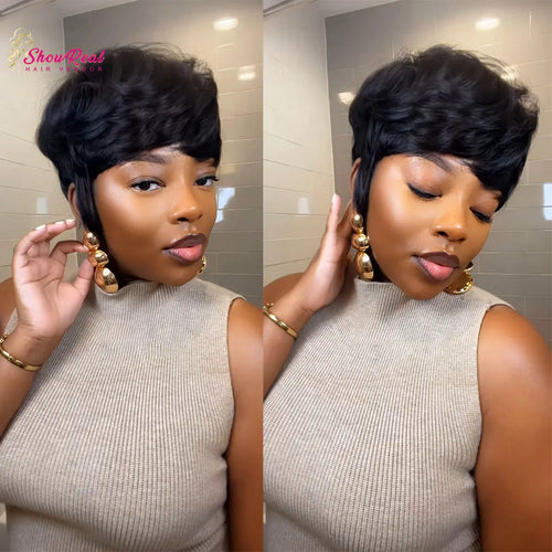 Showreal Human Hair Wig Textured Cut Pixie Wig Quick Wave Short Layered Pixie Cut Wig Quick Wave Textured Cut Wig Human Hair Easy to Wear Fashionable Versatile Designed for Black Women Perfect for Work, Party or Casual
