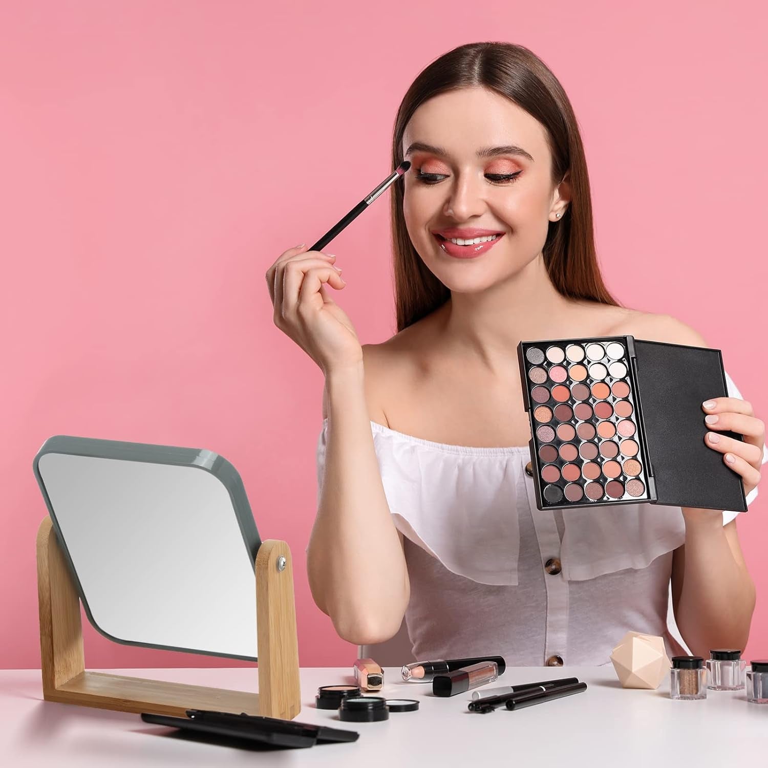 Vital-Habitat™ Eco-Friendly Bamboo Vanity Mirror – 3X Magnifying Double-Sided 360° Rotating Desk Mirror for Makeup & Shaving