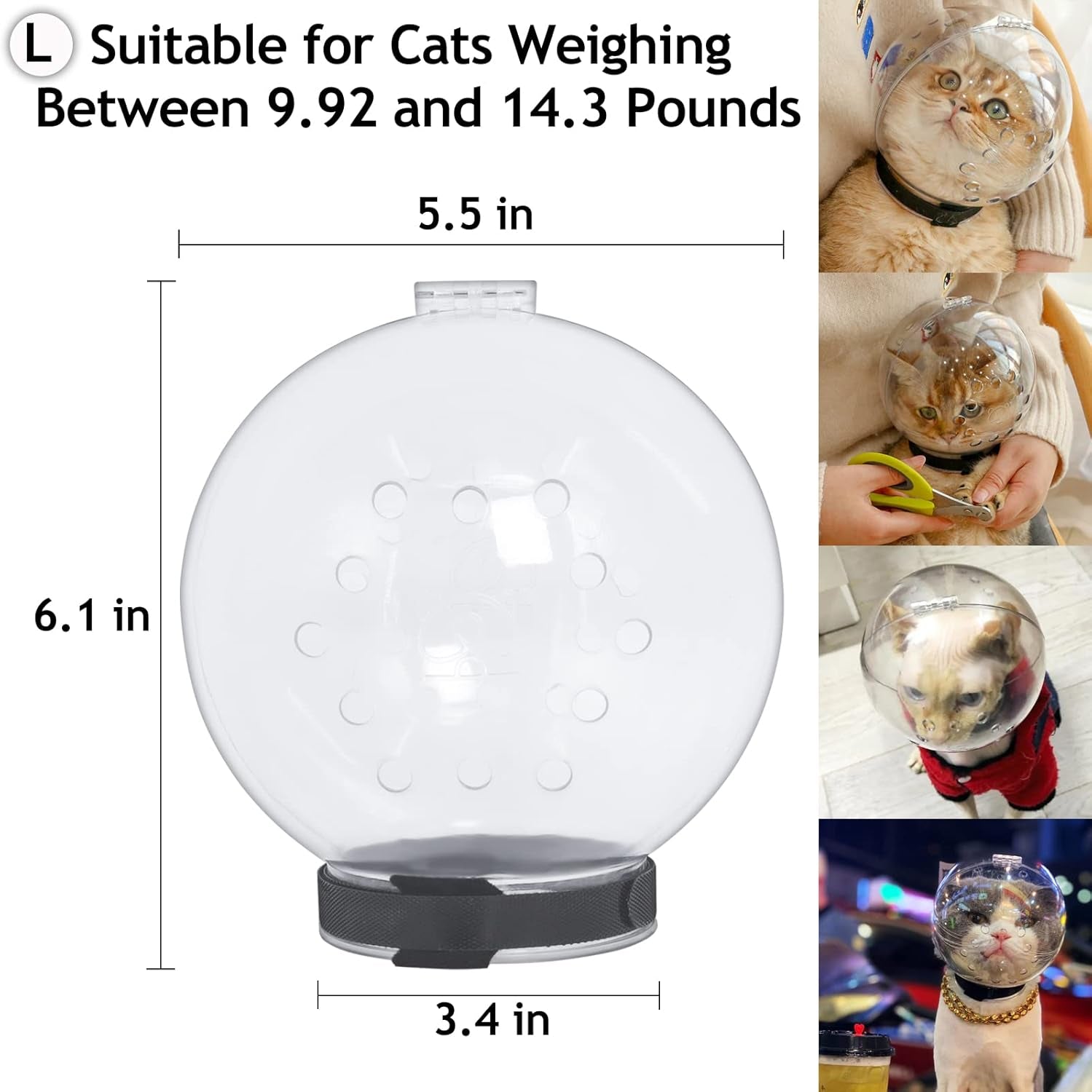 Cat Transparent Muzzle with Breathable Hood, Adjustable Kitten Astronaut Helmet Prevent from Pet Biting Chewing Grooming , Ball Mask for Aggressive Cat(L)