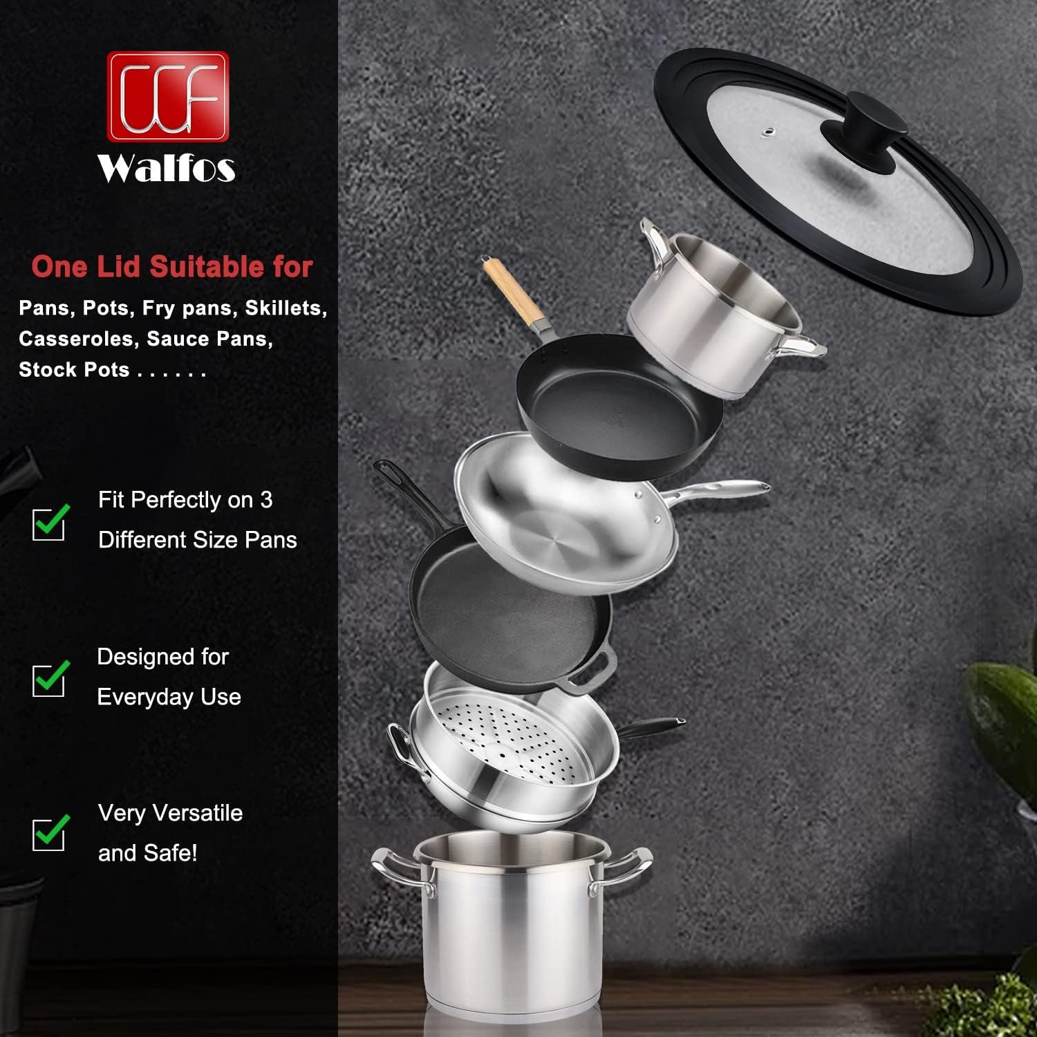 Walfos 3-in-1 Universal Tempered Glass Lid - Space-Saving Cover for 6.5", 7", and 8" Pots & Pans