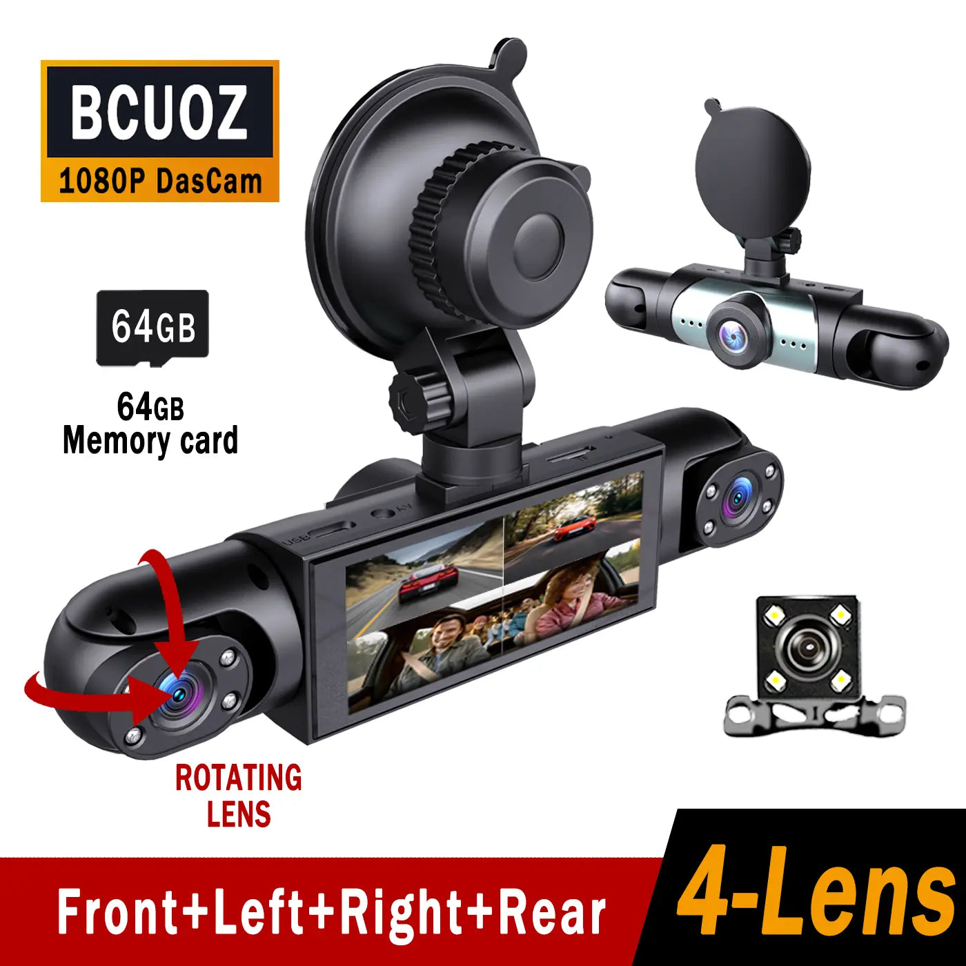 Vital-Habitat™ 4-Channel 360° Dash Cam – 1080P Full HD Front, Rear, Left & Right Dash Camera with Free 64GB SD Card & Night Vision