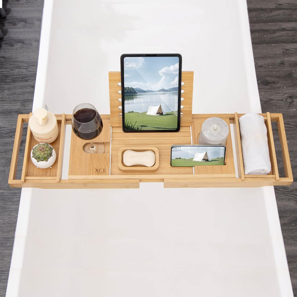 Vital-Habitat™ Luxury Expandable Bamboo Bathtub Caddy – Universal Spa Tray with Tablet Stand, Wine Glass Holder & Anti-Slip Grips