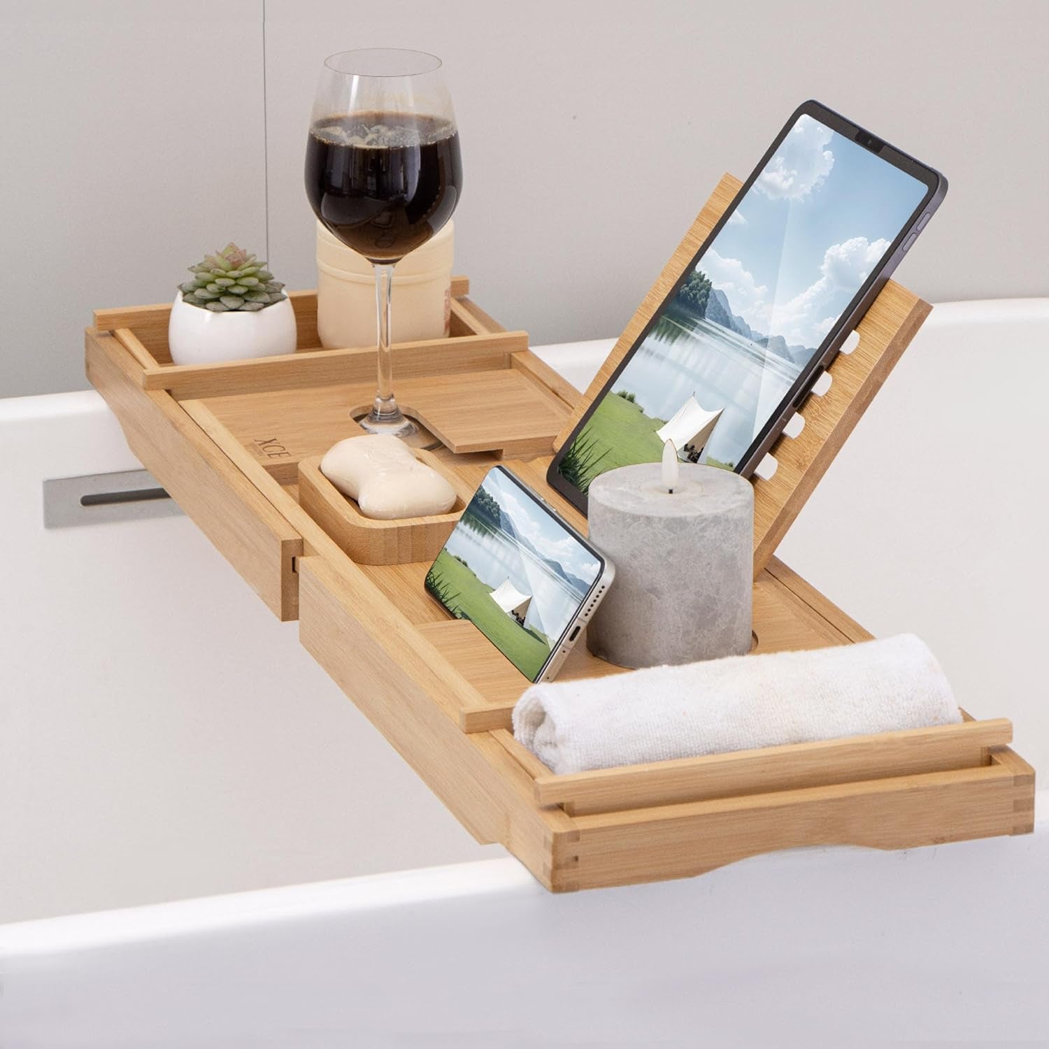 Vital-Habitat™ Luxury Expandable Bamboo Bathtub Caddy – Universal Spa Tray with Tablet Stand, Wine Glass Holder & Anti-Slip Grips