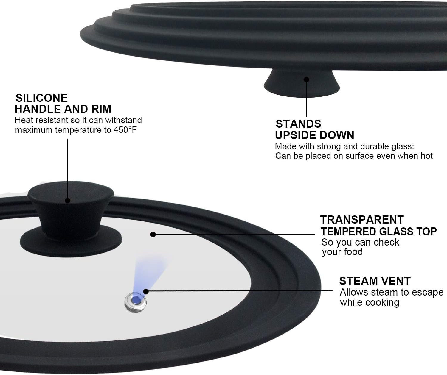 Walfos 3-in-1 Universal Tempered Glass Lid - Space-Saving Cover for 6.5", 7", and 8" Pots & Pans